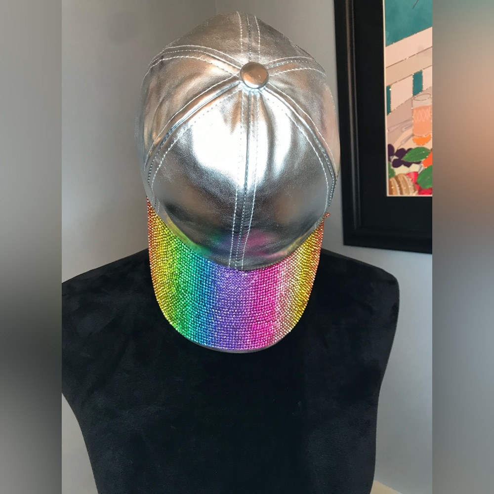 Silver Vegan leather. Rainbow crystal rhinestones on brim / visor
